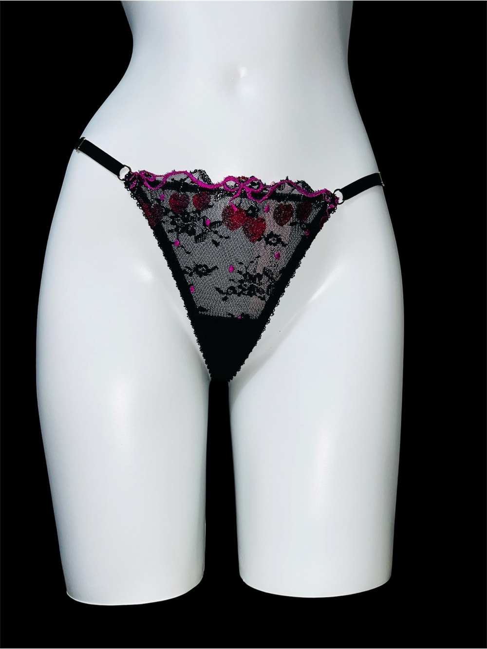 Very sexy Victoria's Secret Black Sheer Lace Thong with Pink Embroidery